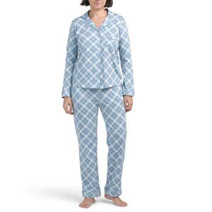 POPPY & CLAY Blue Organic Cotton Plaid Notch Collar Pajama Set